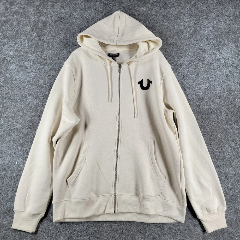 NWT True Religion Zip-Up Hoodie Mens XL Winter White Fleece Classic Logo Graphic
